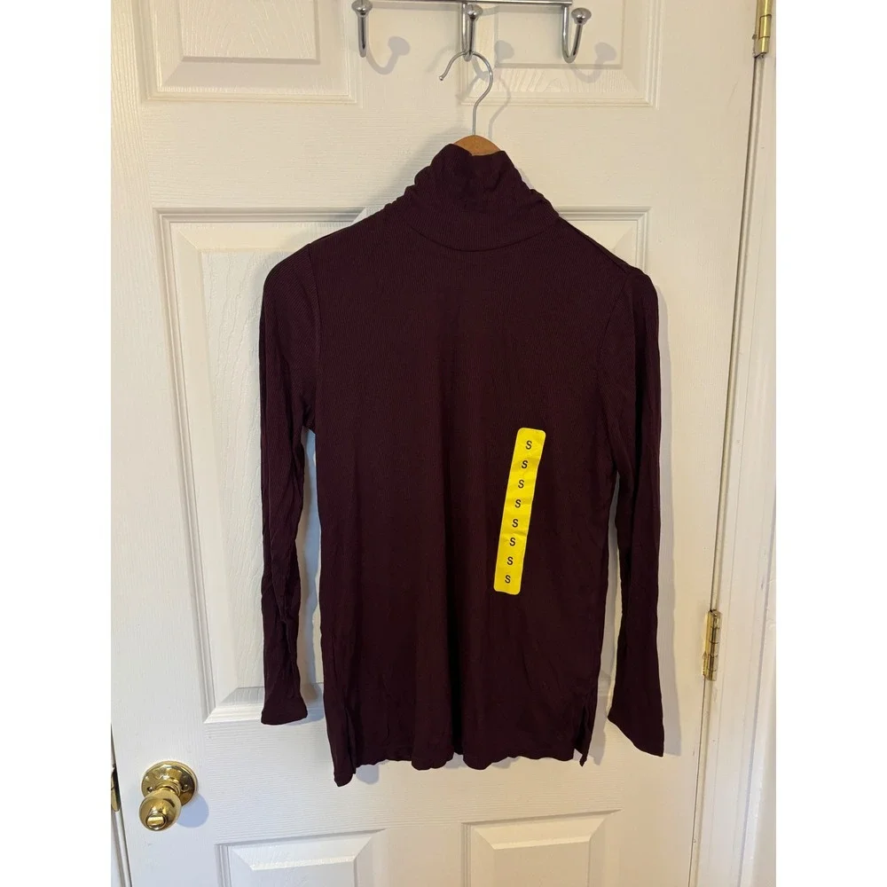 Jones New York Womens Ribbed Turtleneck Top Long Sleeve Burgundy Plum Small NWT